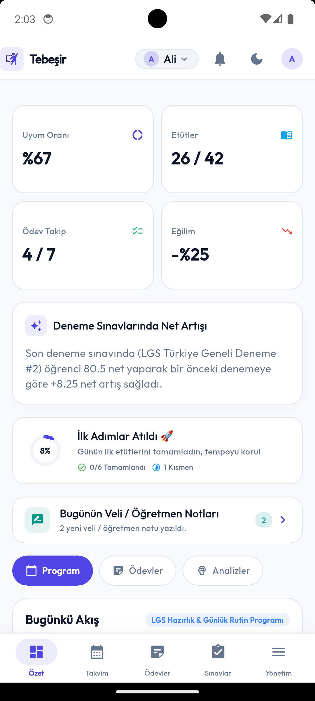 Tebeşir mobil uygulamasında öğrencinin günlük plan ve gelişim özeti