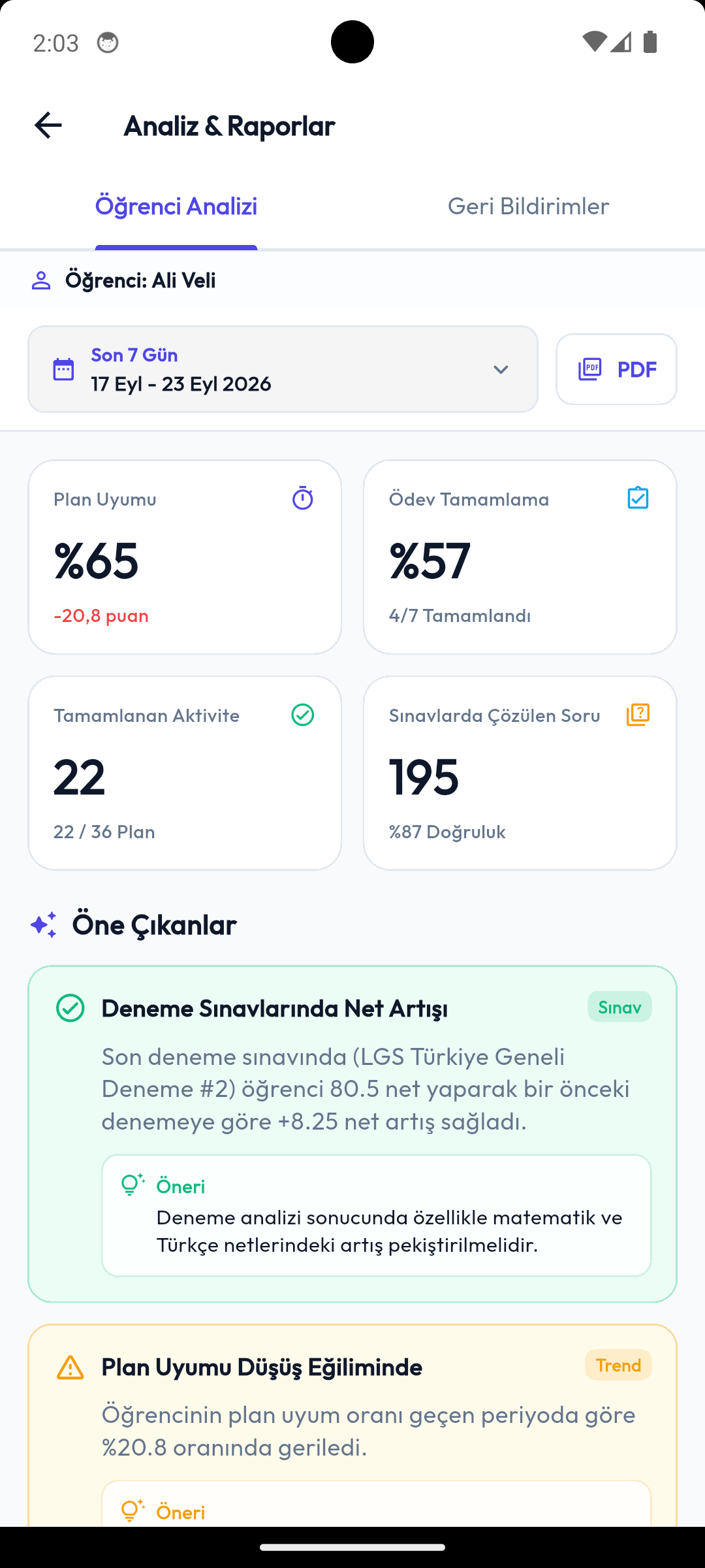 Tebeşir mobil uygulamasında öğrencinin son yedi günlük plan, ödev ve sınav özeti